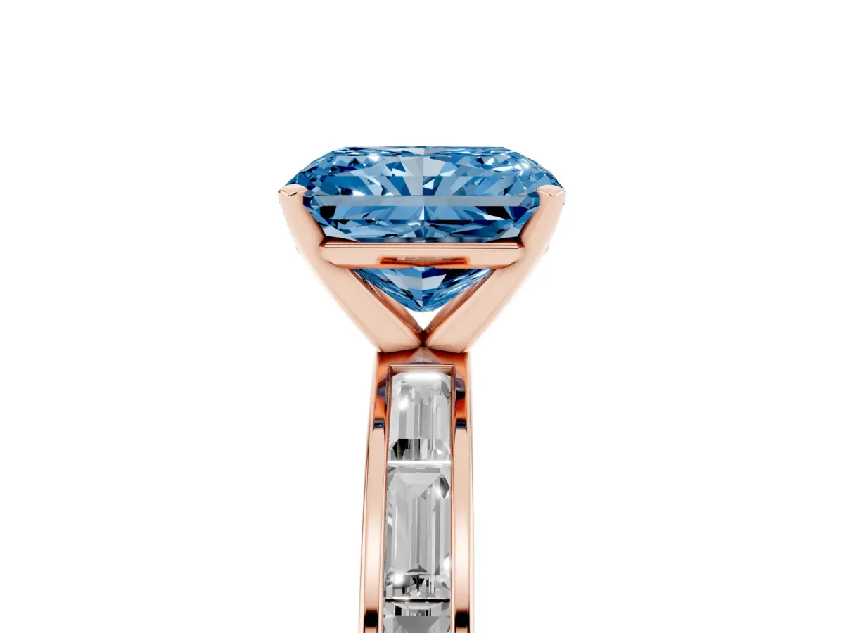 Fancy Blue Radiant Cut Solitaire Diamond Ring with Channel-Set Baguette Band and Four-Prong Setting Rose gold