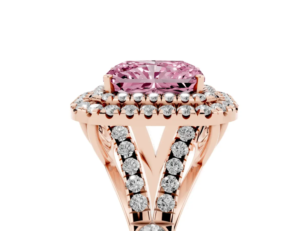 Fancy Pink Double Halo Radiant Cut Diamond Split Shank Engagement Ring with Four-Prong Setting Rose gold