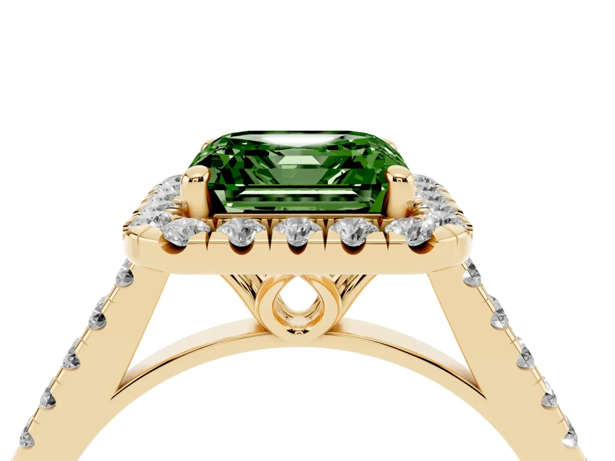Fancy Green Asscher Cut Halo Pavé Diamond Engagement Ring with Four-Prong Setting Yellow gold