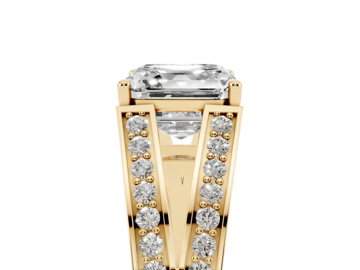 Asscher Cut Diamond Split Shank Ring with Pavé Band and Four-Prong Setting Yellow gold