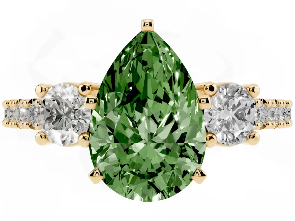 Fancy Green Pear Cut Three-Stone Diamond Pavé Band with Prong Setting Yellow gold