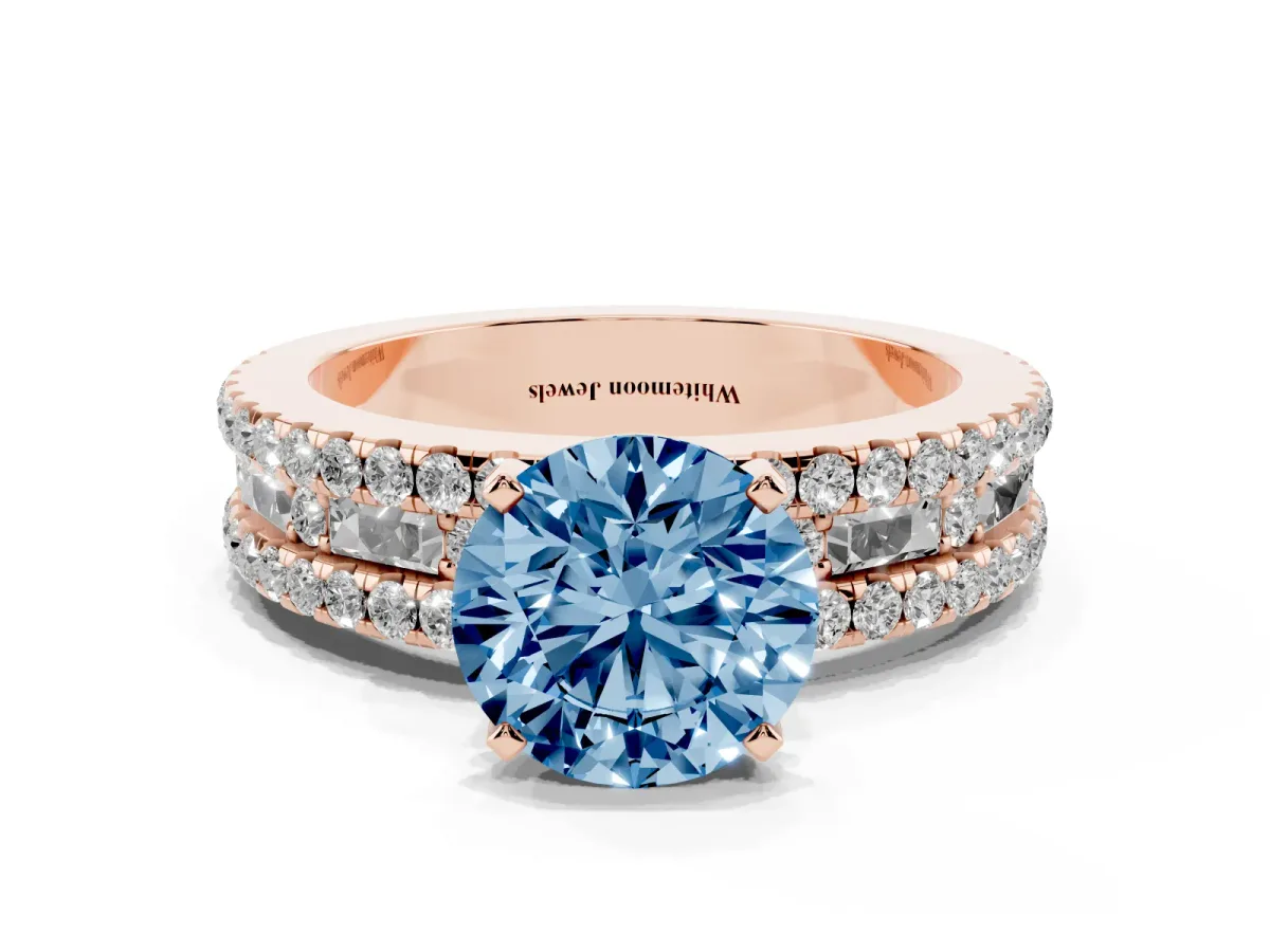 Fancy Blue Round Cut Diamond Solitaire Ring with Pavé and Channel Set Band Rose gold