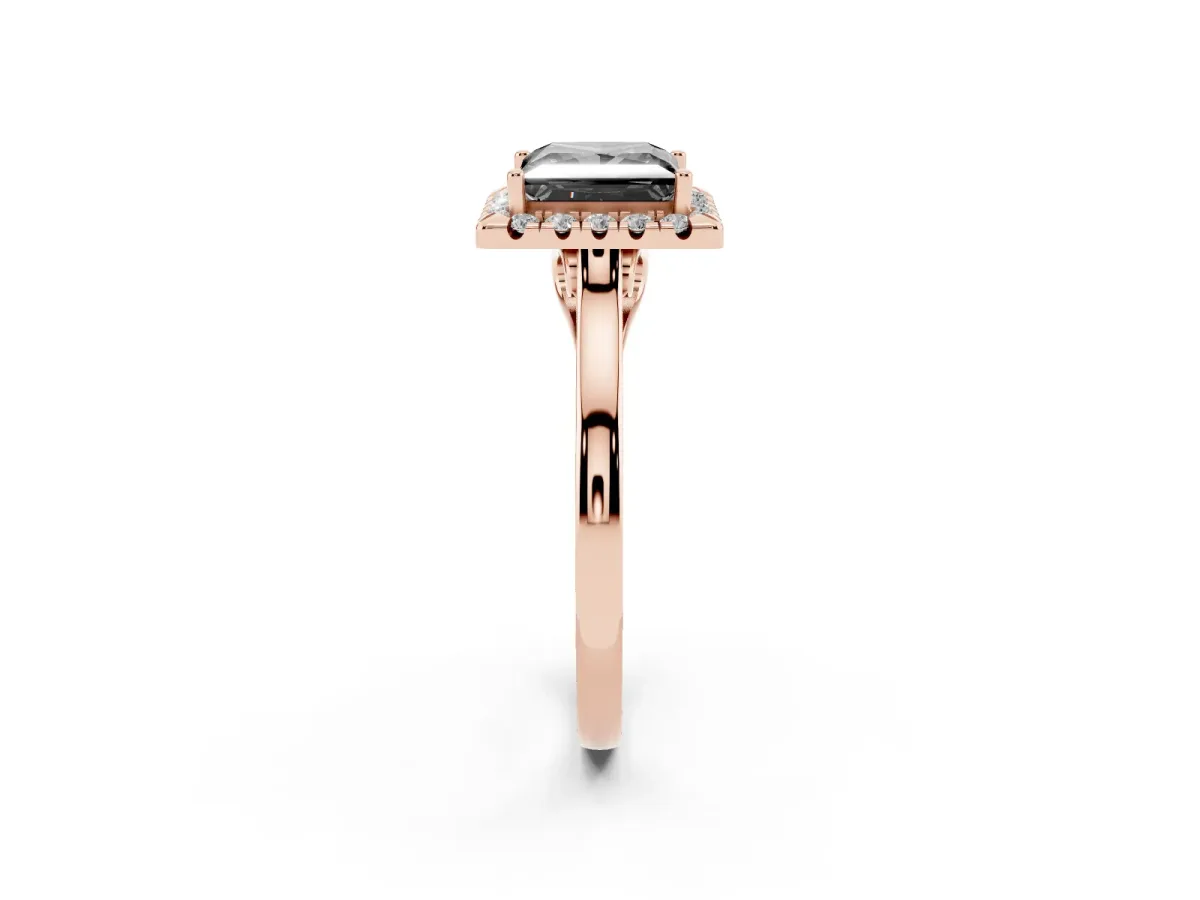 Fancy Black Princess Cut Halo Round Diamond Solitaire Ring with Pavé Band and Four-Prong Setting Rose gold