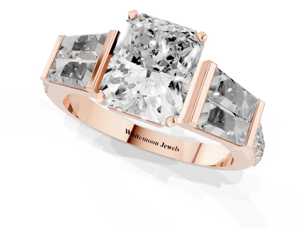 Radiant Cut Diamond Engagement Ring with Baguette Side Stones and Channel Set Band Rose gold