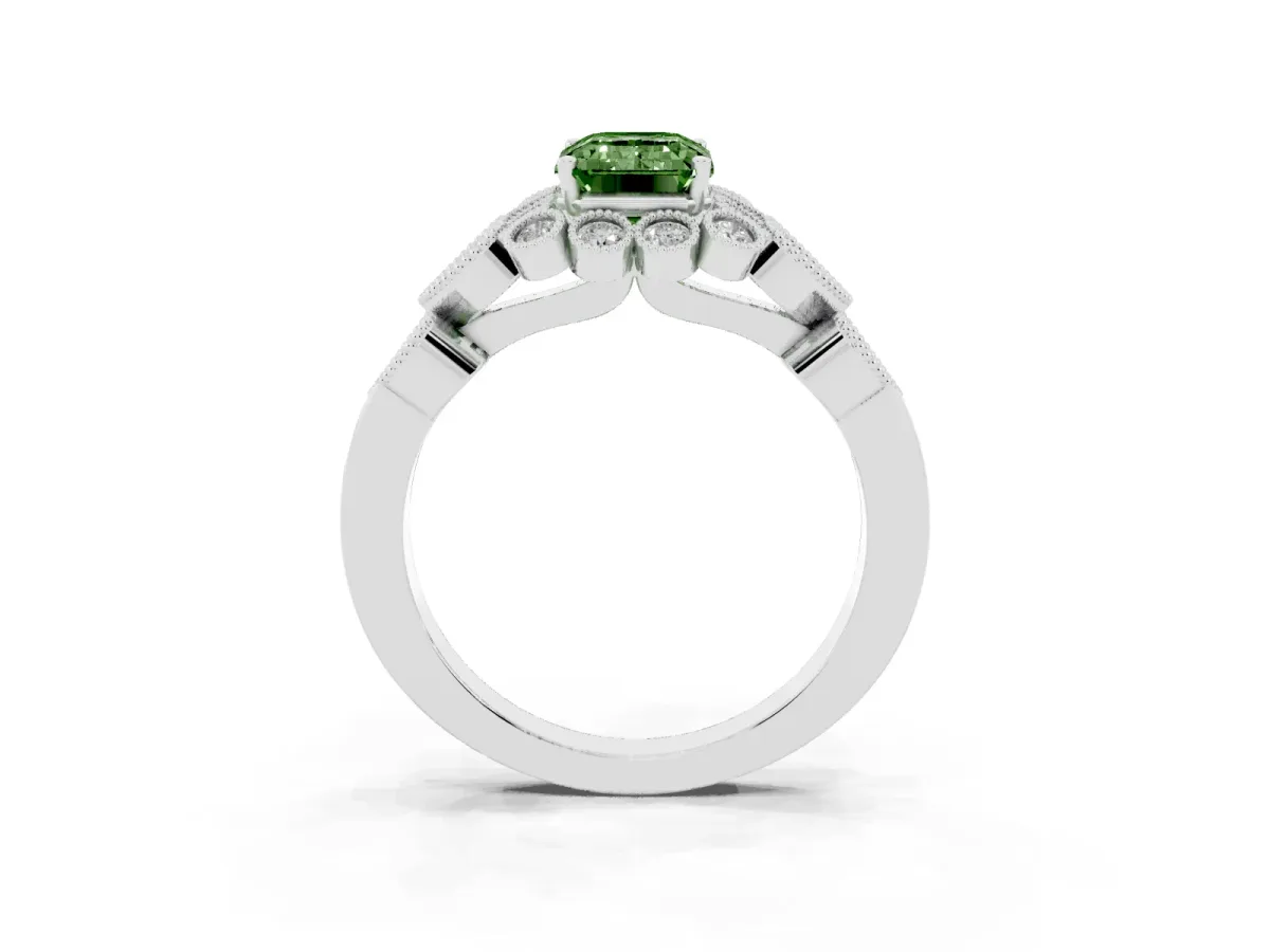 Fancy Green Emerald Cut Brilliant Milgrain Pave Heart Band Solitaire Ring Silver