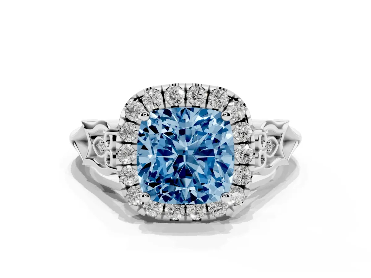 Fancy Blue Cushion Cut Halo Diamond Engagement Ring with Filigree Band and Four-Prong Setting Platinum