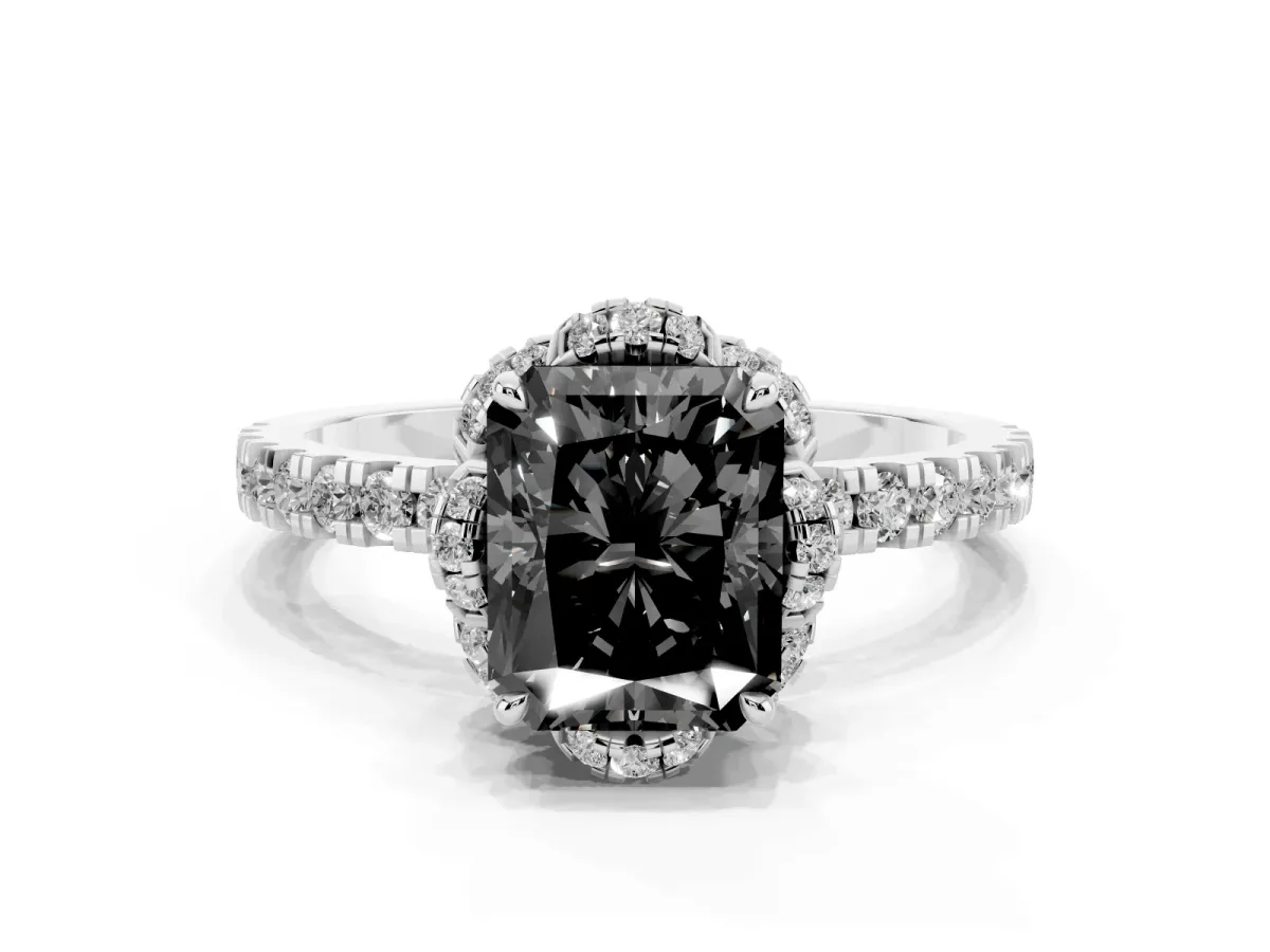 Fancy Black Radiant Cut Diamond Halo Pave Band with Four-Prong Setting Silver