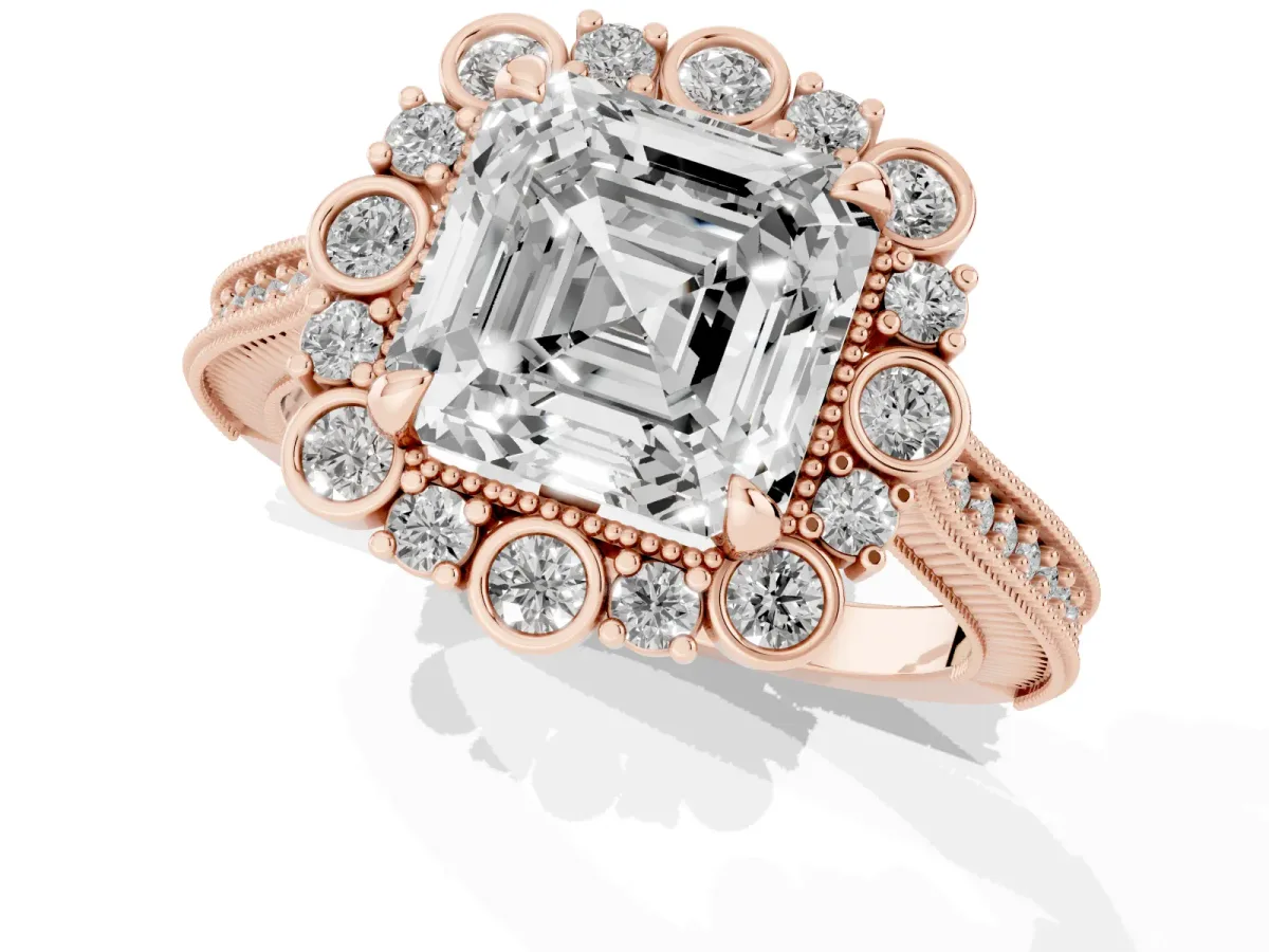 Asscher Cut Halo Milgrain Pave Diamond Ring with Four-Prong Setting Rose gold