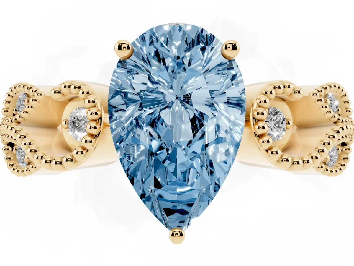 Fancy Blue Pear Cut Solitaire Milgrain Leaf Band with Prong Setting Yellow gold