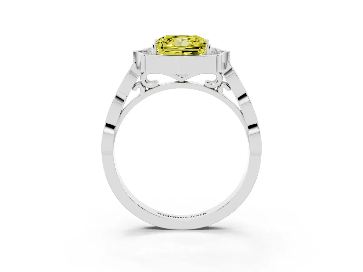 Fancy Yellow Princess Cut Halo Diamond Engagement Ring with Milgrain Band and Four-Prong Setting Platinum