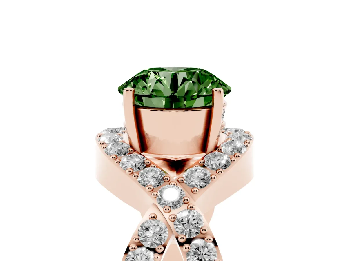 Fancy Green Round Cut Solitaire Twist Band Pavé Diamond Engagement Ring Rose gold