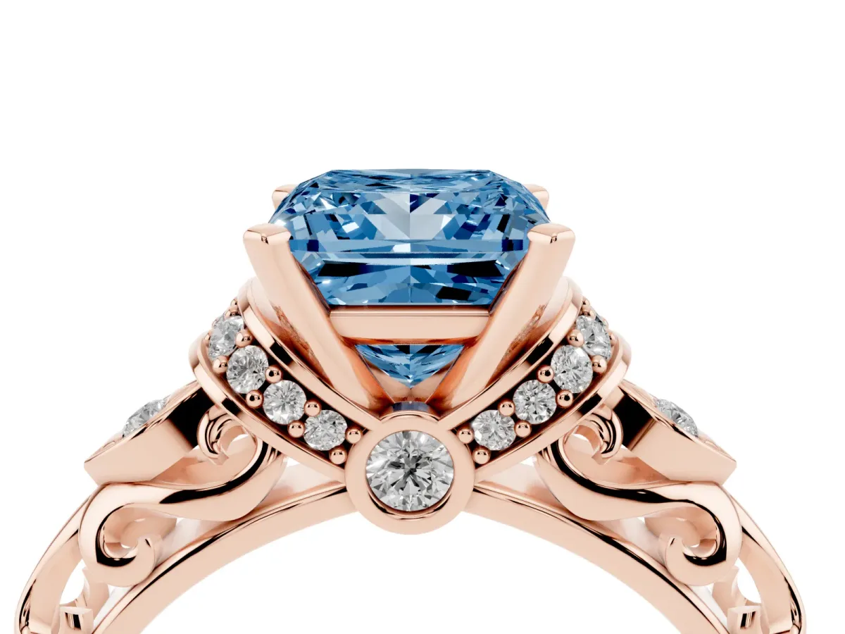 Fancy Blue Princess Cut Diamond Solitaire Ring with Filigree Band and Four-Prong Setting Rose gold