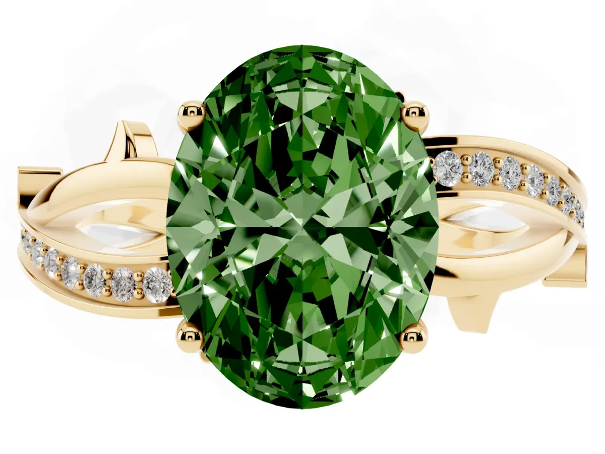 Fancy Green Oval Cut Solitaire Twist Band with Pavé Accents and Four-Prong Setting Yellow gold
