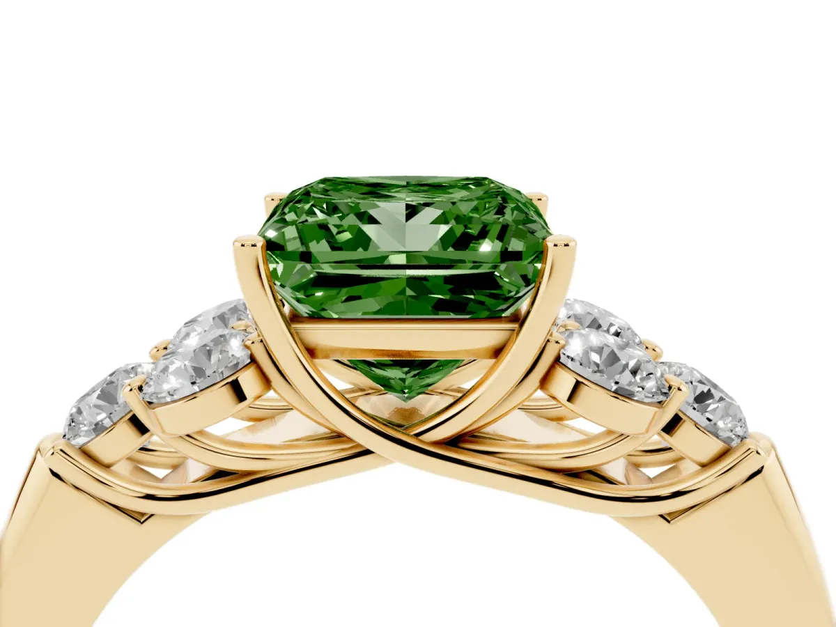 Fancy Green Princess Cut Cut Diamond Cluster Ring with Round Accent Stones and Prong Setting on a Classic Band Yellow gold