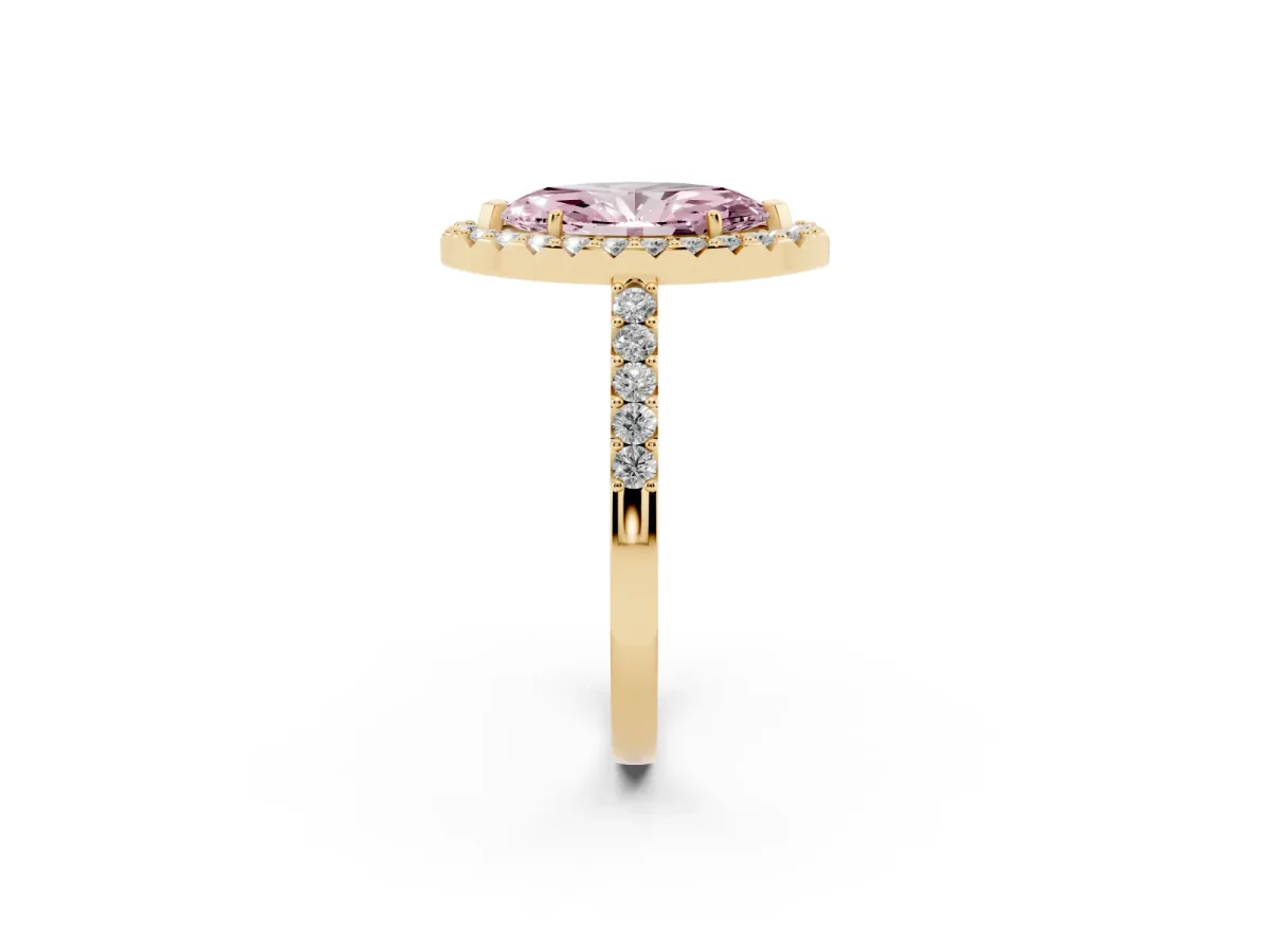 Fancy Pink Marquise Cut Halo Diamond Pavé Solitaire Ring Yellow gold