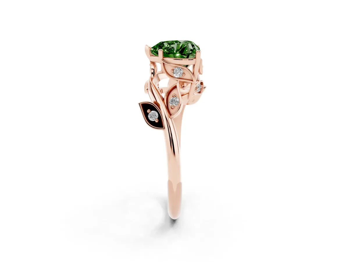 Fancy Green Heart Cut Solitaire Twist Engagement Ring with Leaf Accents and Prong Setting Rose gold