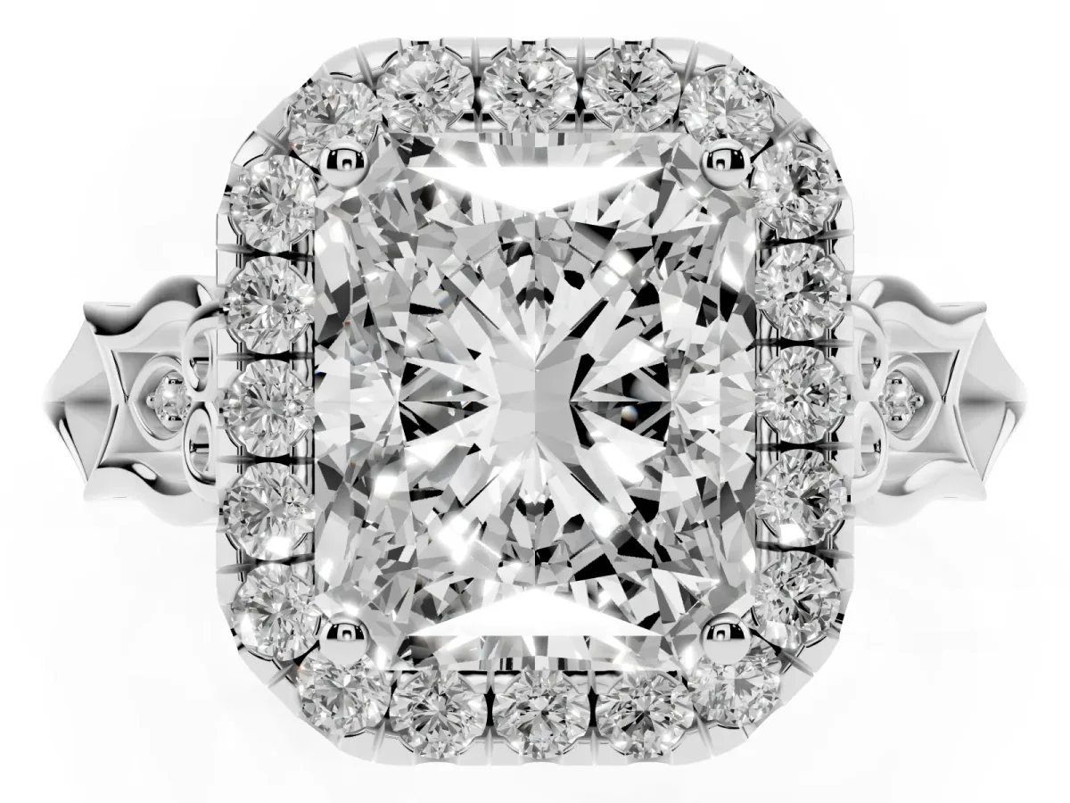 Radiant Cut Halo Diamond Engagement Ring with Filigree Band and Four-Prong Setting Silver