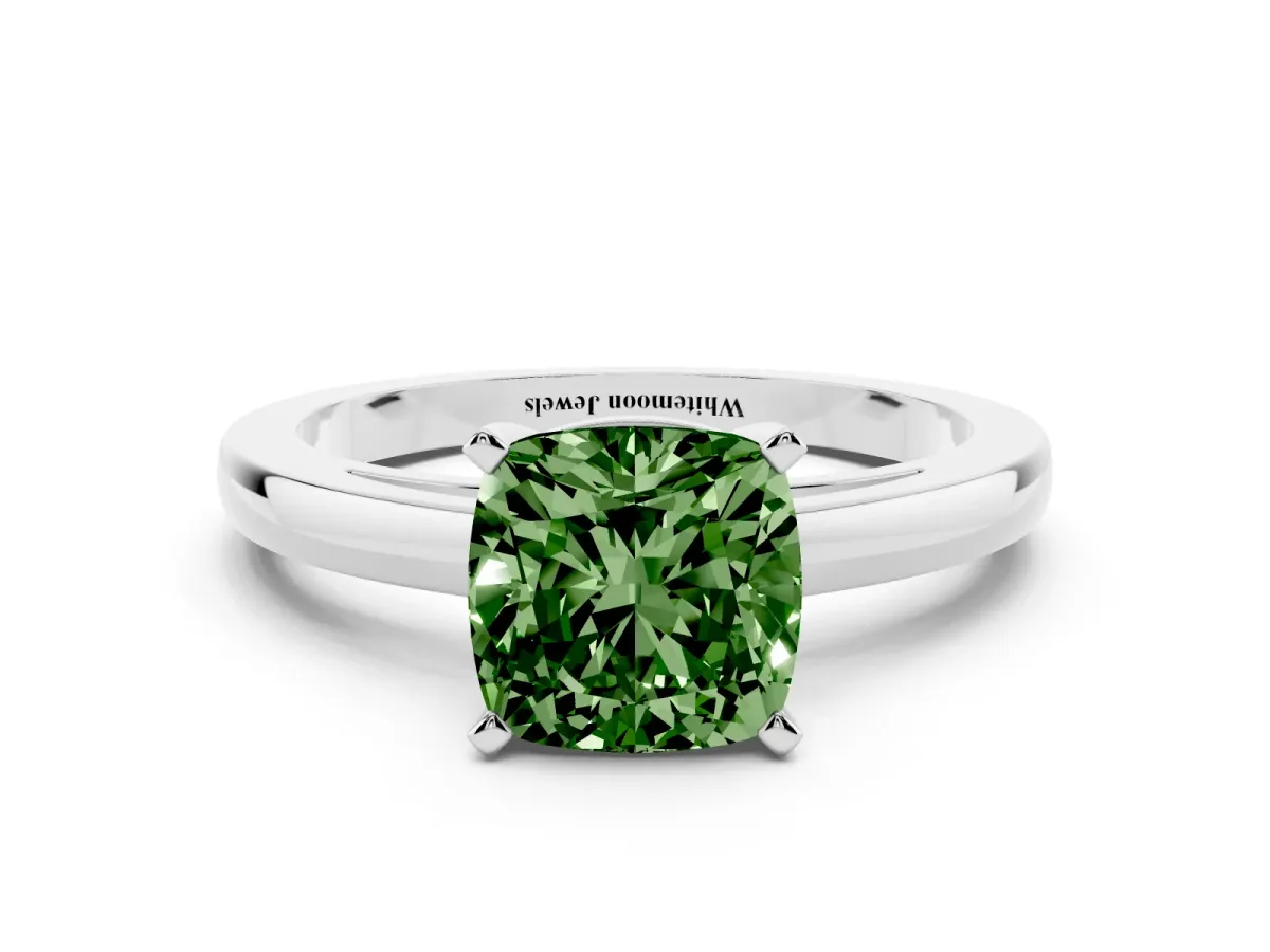 Fancy Green Cushion Cut Solitaire Diamond Engagement Ring with Four-Prong Setting on a Classic Band Silver