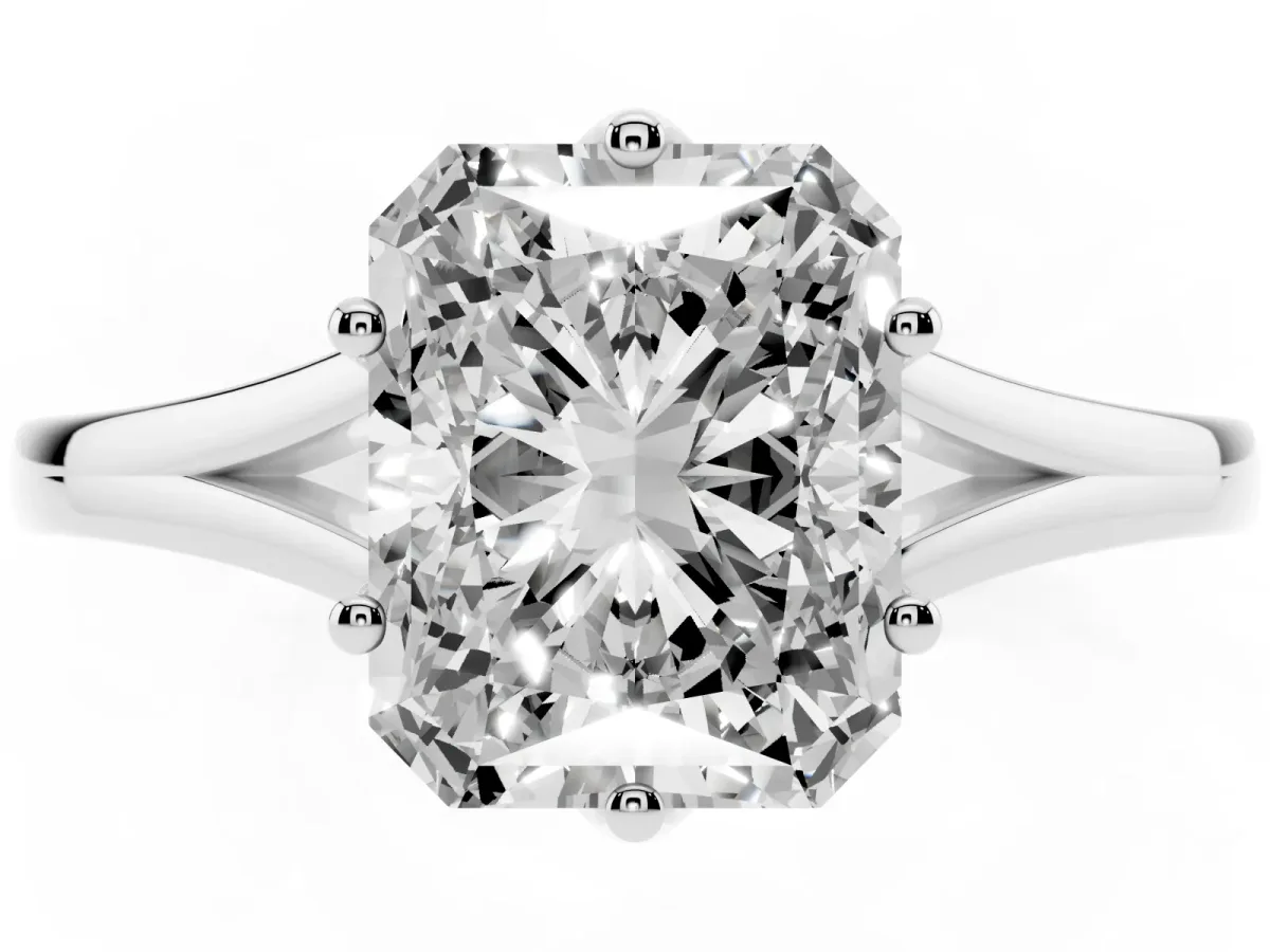 Radiant Cut Solitaire Diamond Ring with Six-Prong Setting and Tapered Band Platinum