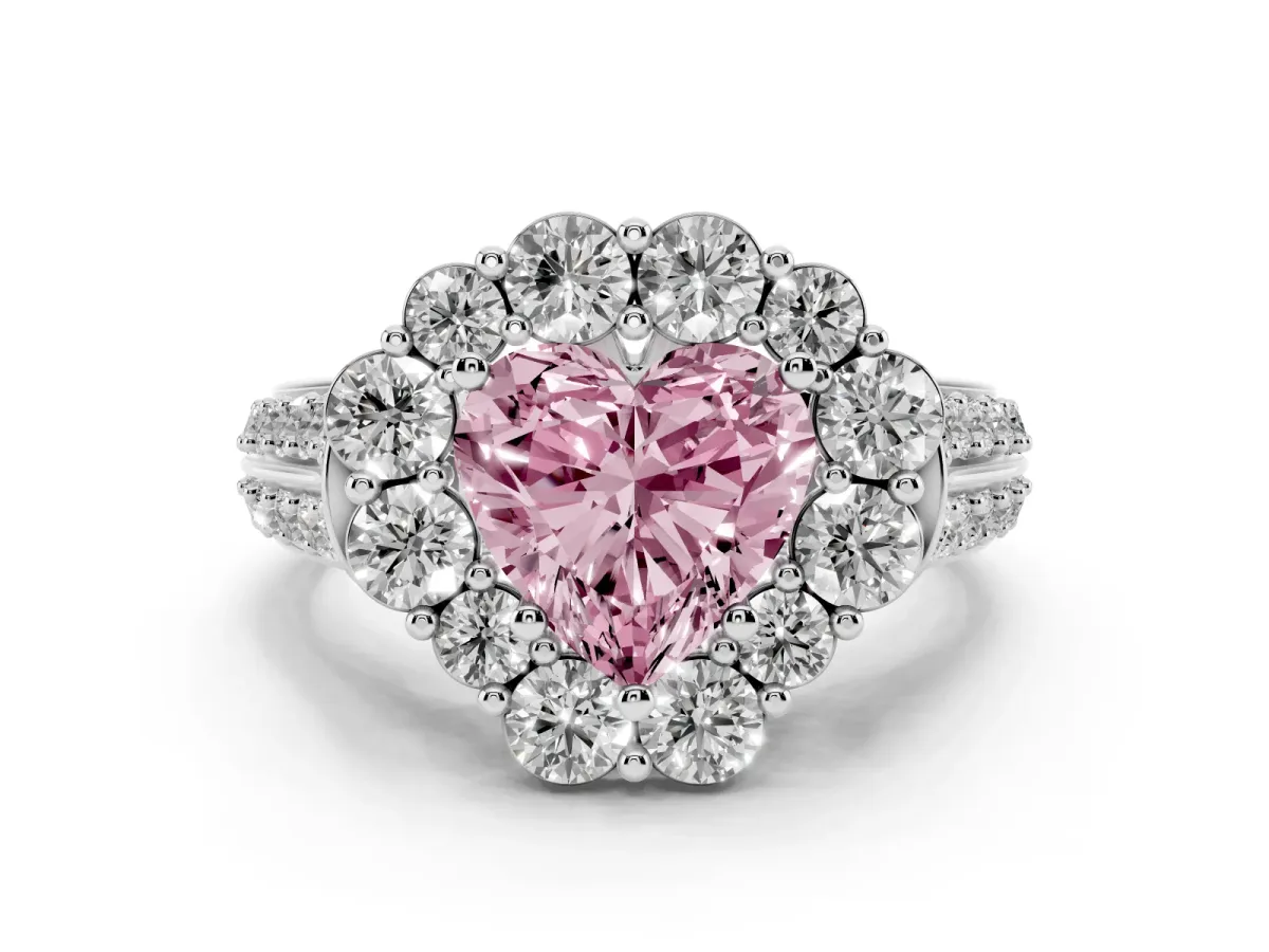 Fancy Pink Heart Cut Halo Diamond Engagement Ring with Split Shank and Prong Setting Silver