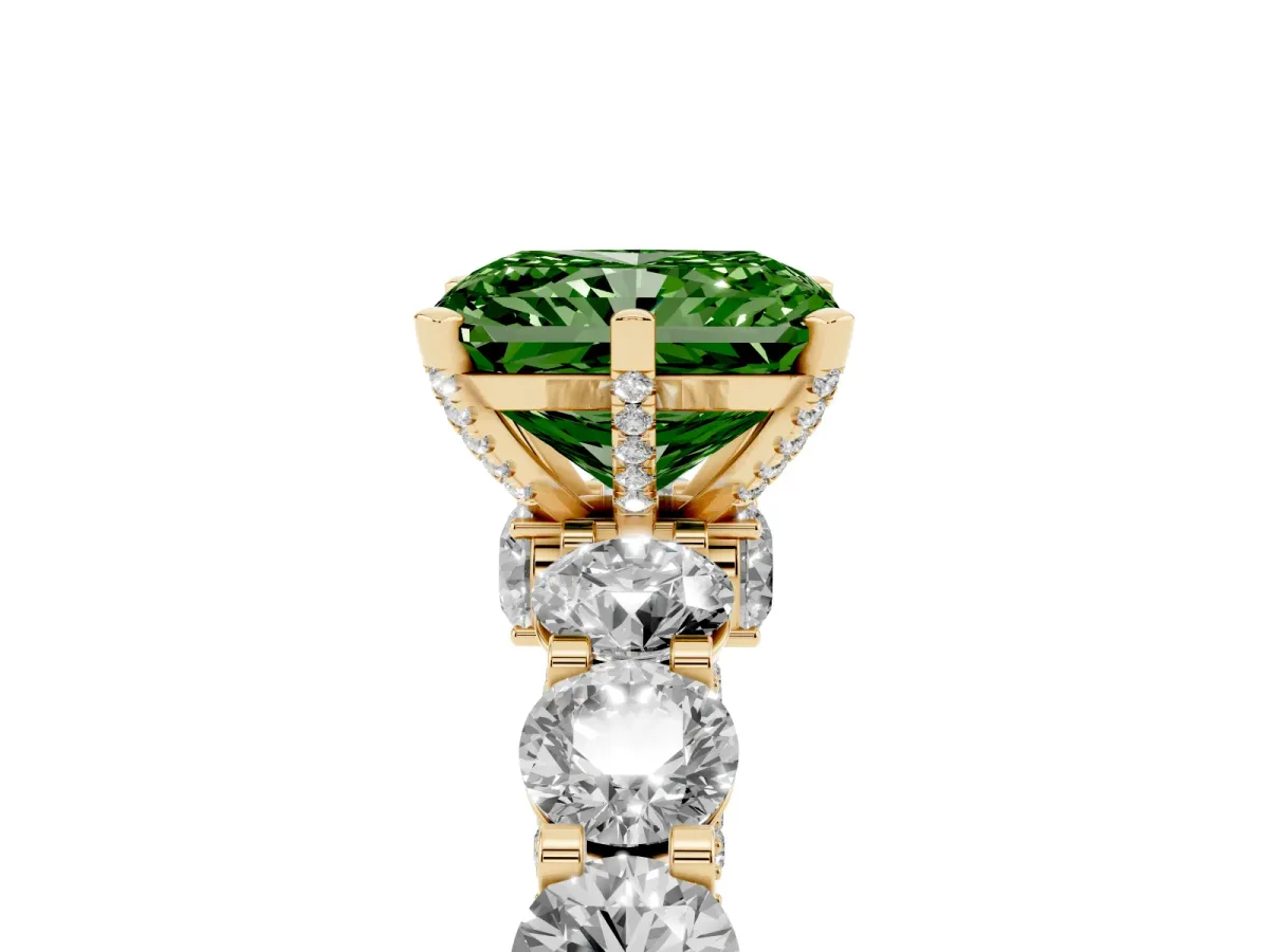 Fancy Green Radiant Cut Diamond Side Stone Engagement Ring with Four-Prong Setting Yellow gold