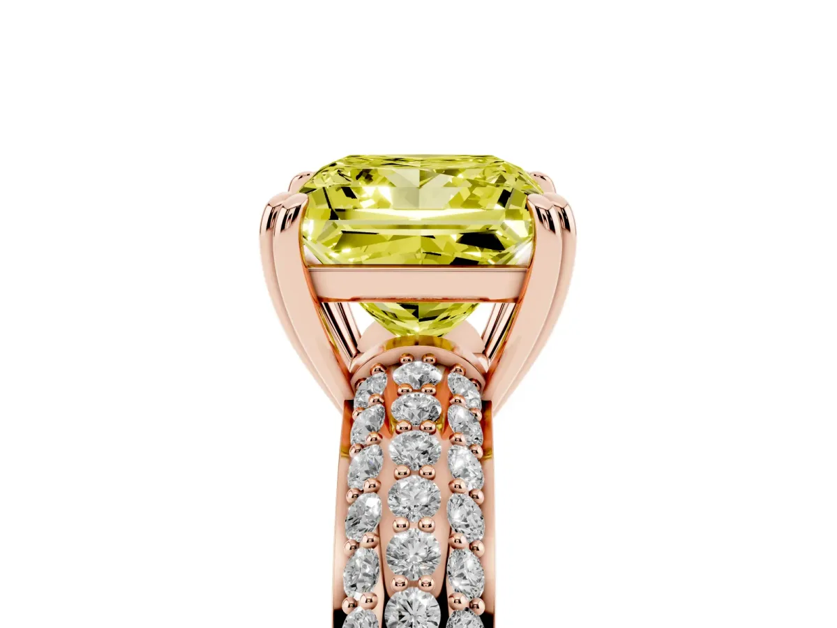 Fancy Yellow Princess Cut Diamond Solitaire Ring with Multi-Row Round Pavé Band and Prong Setting Rose gold