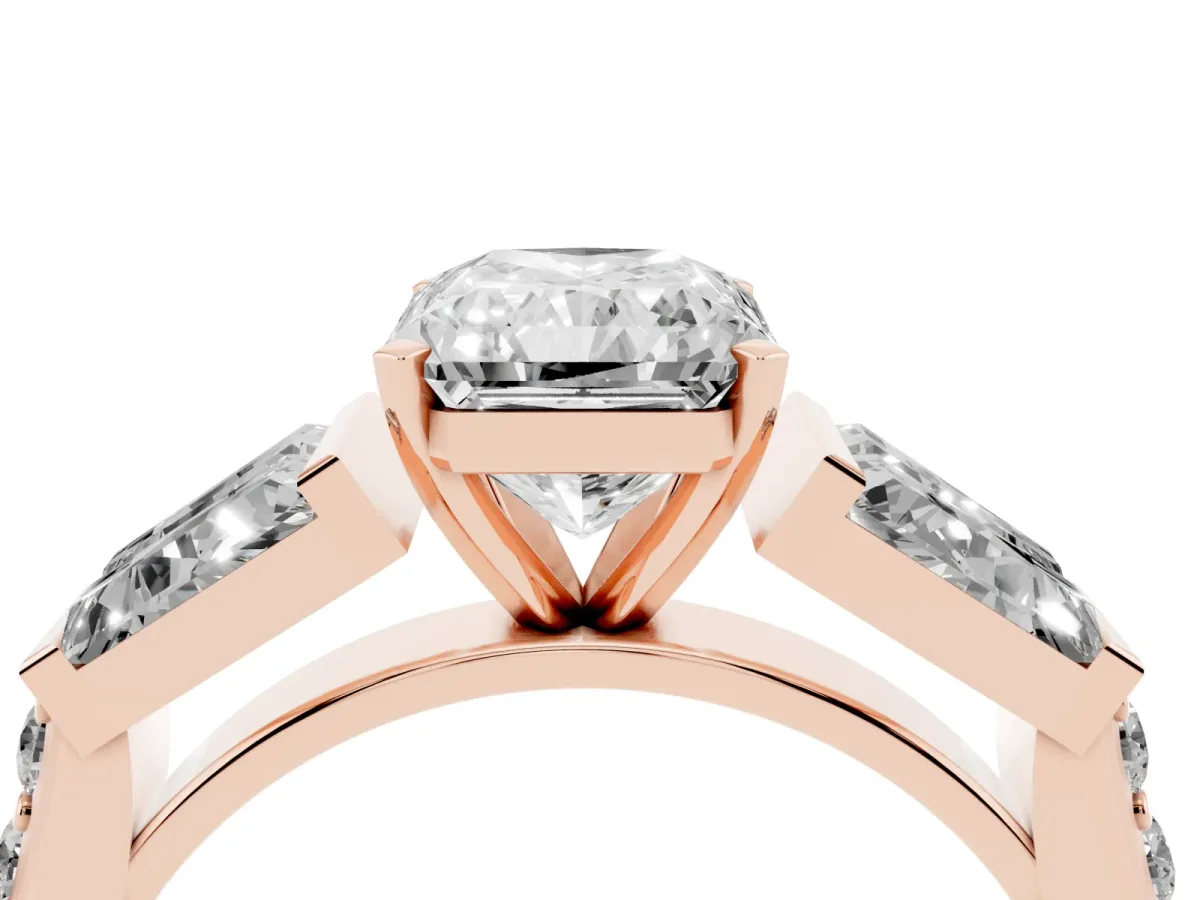 Radiant Cut Diamond Engagement Ring with Baguette Side Stones and Channel Set Band Rose gold