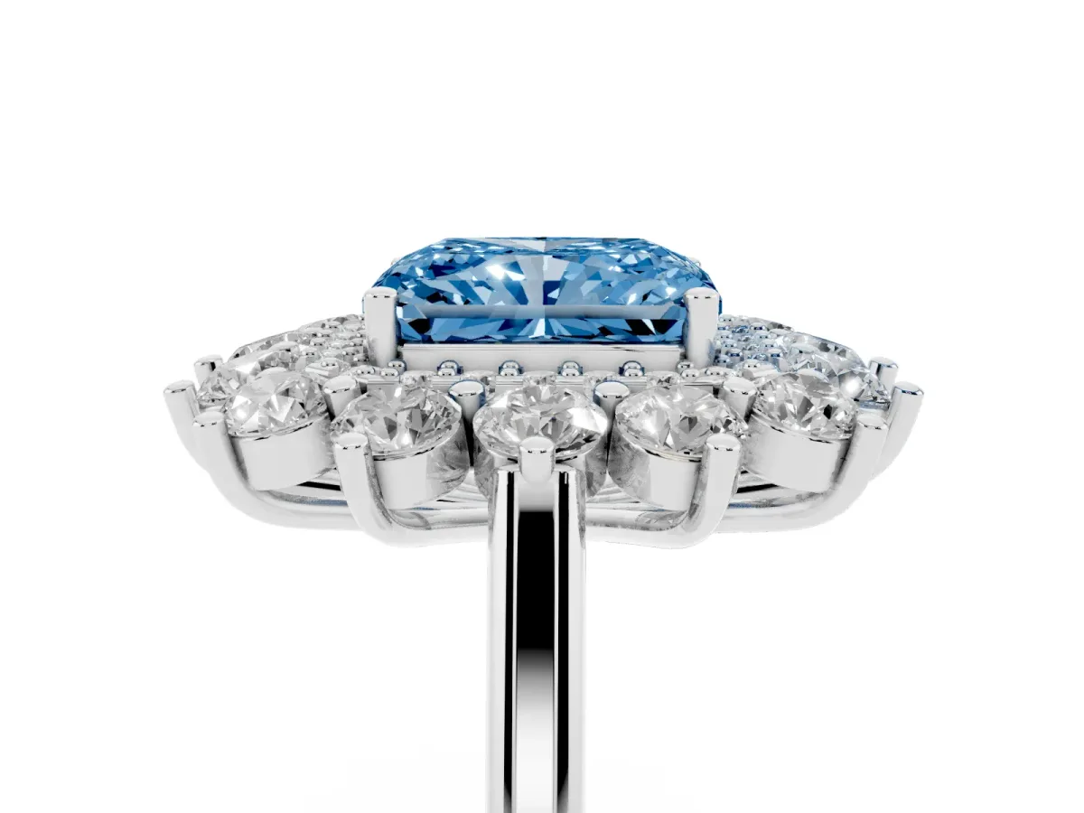 Fancy Blue Radiant Cut Diamond Floral Double Halo Engagement Ring with Prong Setting Platinum