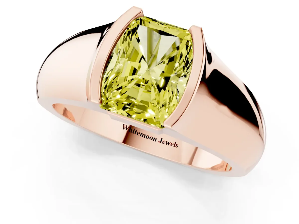 Fancy Yellow Radiant Cut Solitaire Bezel Set Diamond Ring with Wide Band Rose gold