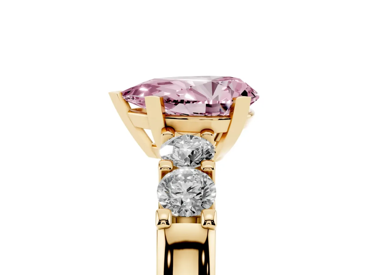 Fancy Pink Pear Cut Brilliant Cut Diamond Five-Stone Prong Set Engagement Ring with Channel Band Yellow gold