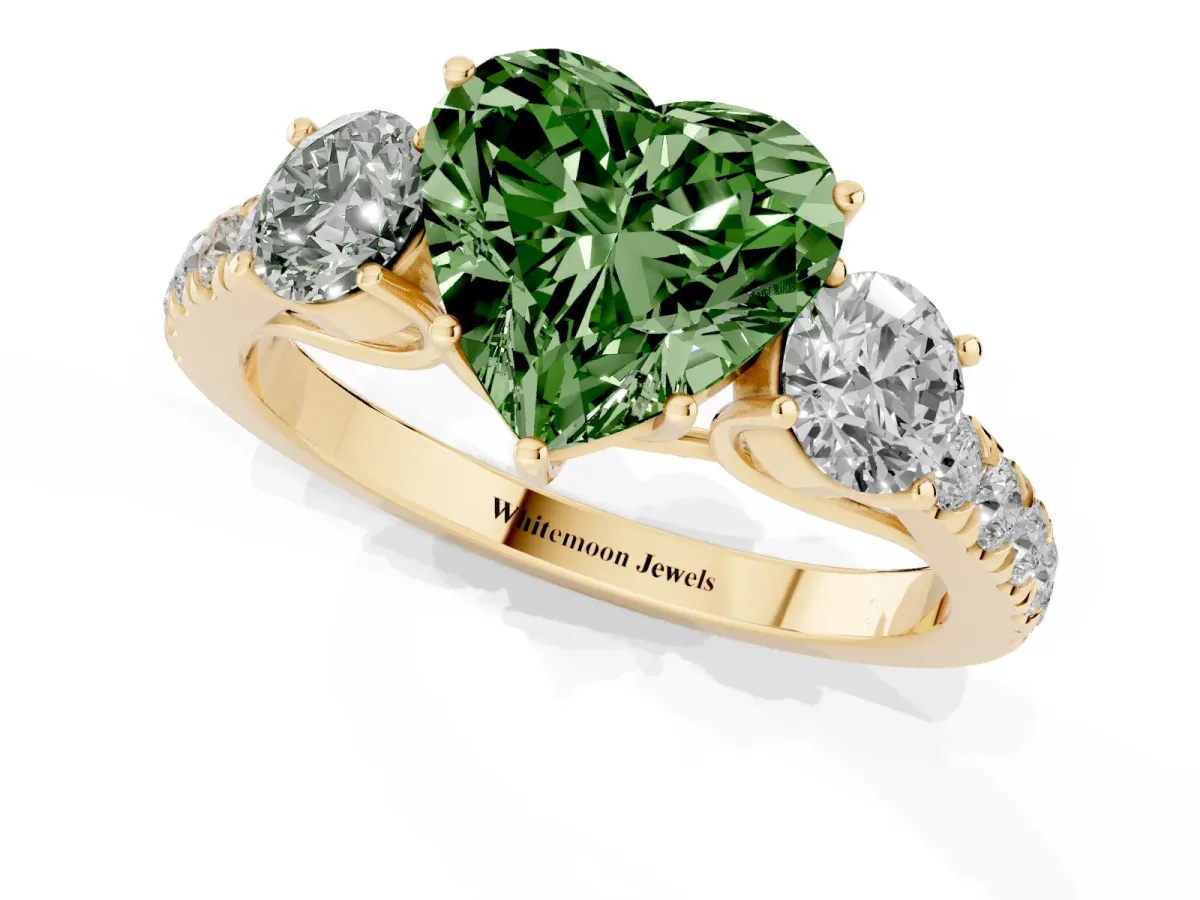 Fancy Green Heart Cut Cut Diamond Three-Stone Ring with Round Side Stones and Pavé Band Yellow gold