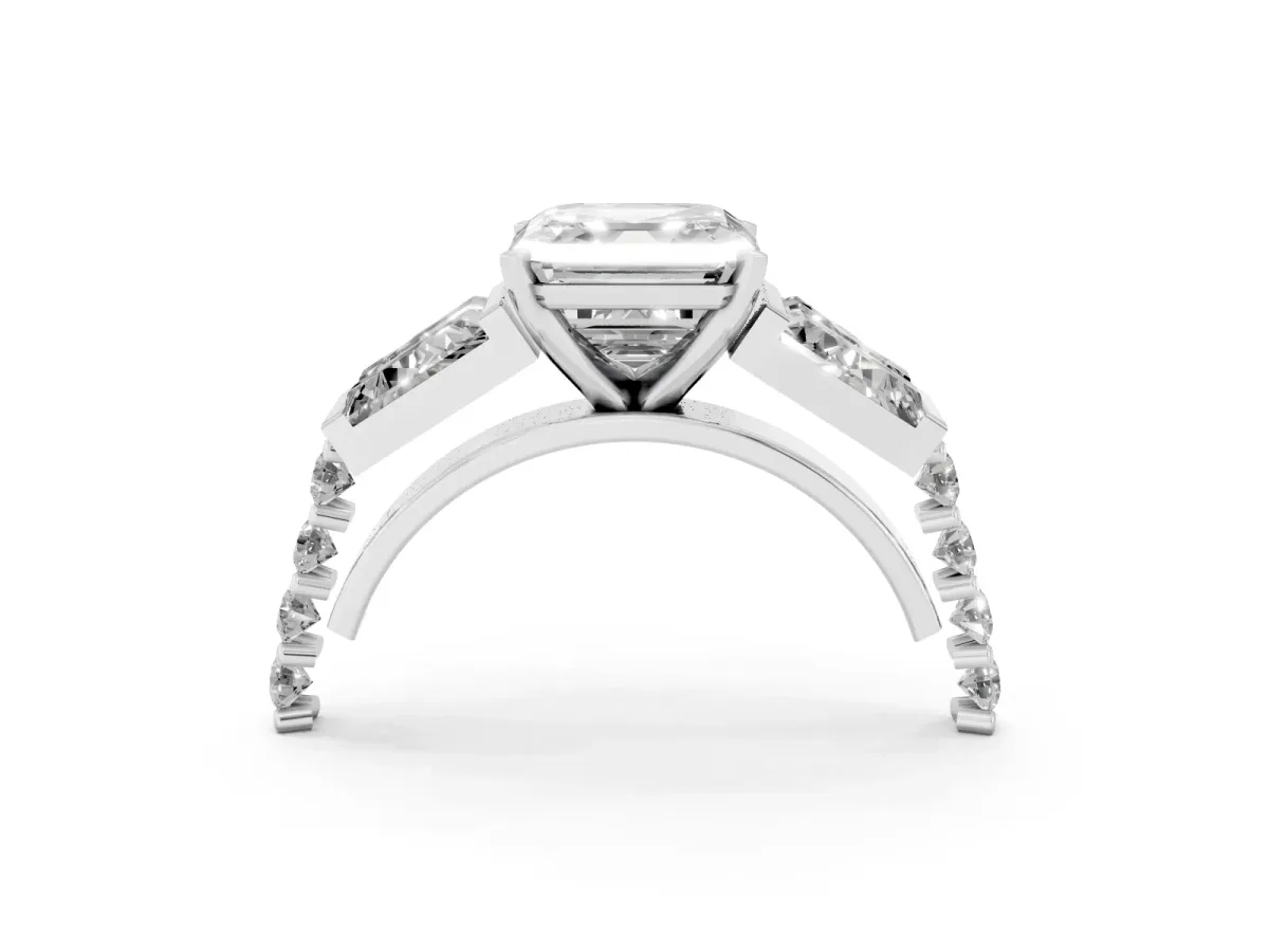 Asscher Cut Diamond Engagement Ring with Baguette Side Stones and Channel Set Band Platinum