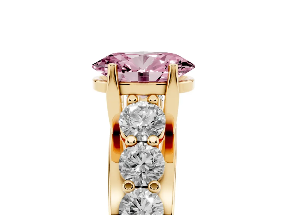 Fancy Pink Oval Cut Diamond Engagement Ring with Pavé Band and Four-Prong Setting Yellow gold
