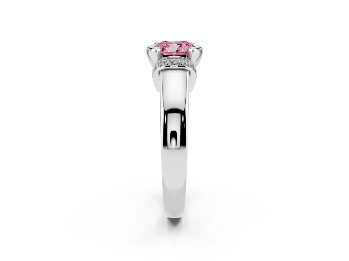 Fancy Pink Cushion Cut Solitaire Diamond Ring with Pave Band and Six-Prong Setting Silver