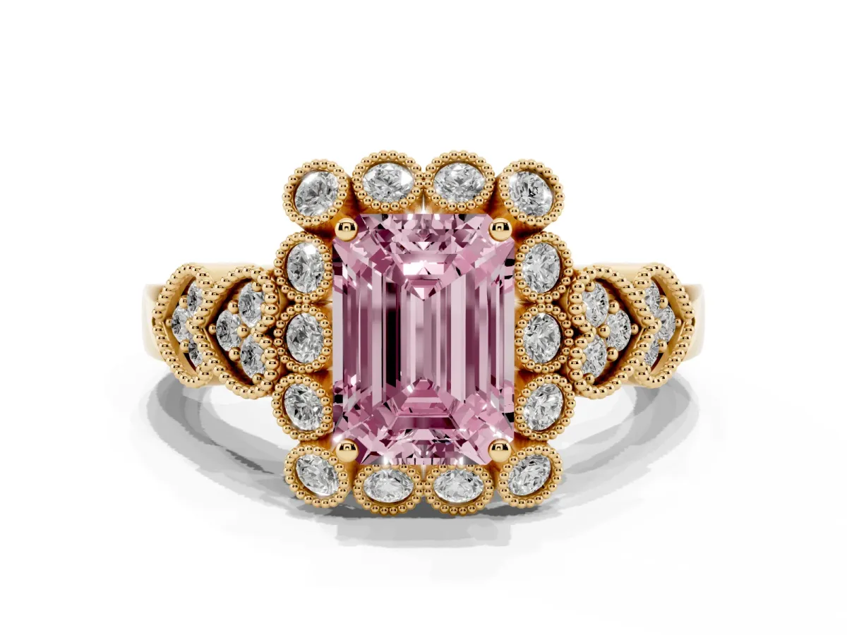 Fancy Pink Emerald Cut Brilliant Milgrain Pave Heart Band Solitaire Ring Yellow gold