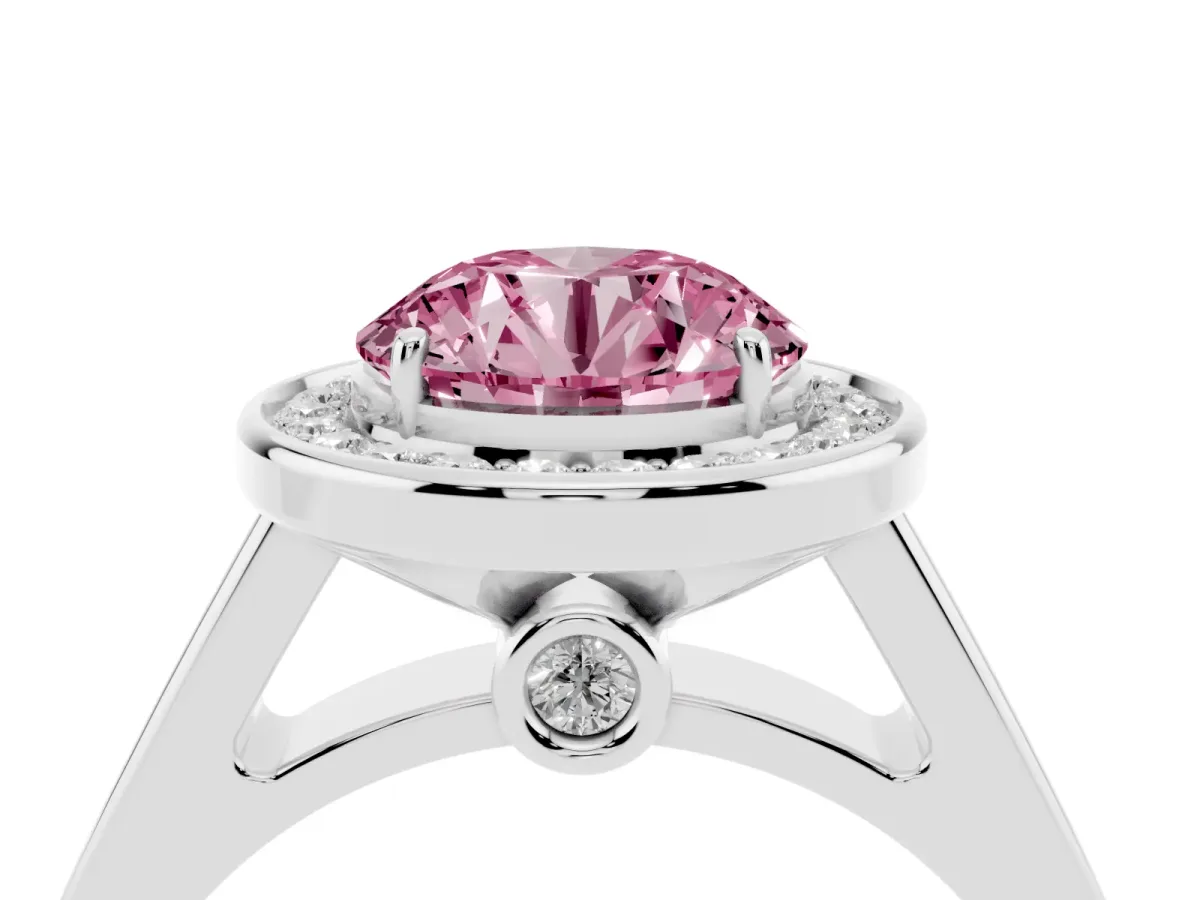 Fancy Pink Round Cut Halo Solitaire Diamond Ring with Pave Band and Bezel Setting Silver