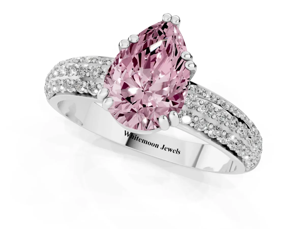 Fancy Pink Pear Cut Diamond Solitaire Ring with Multi-Row Round Pavé Band and Prong Setting Silver