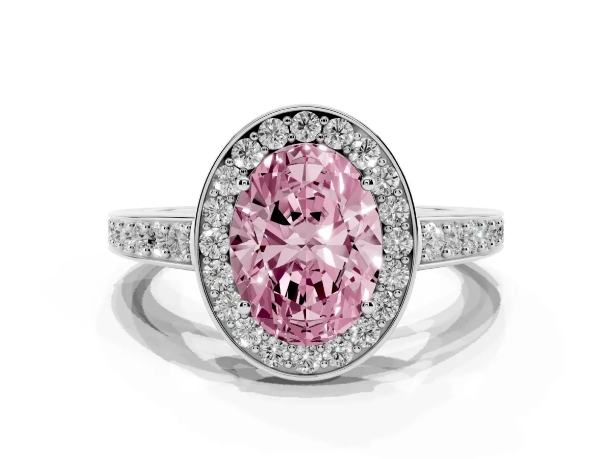 Fancy Pink Oval Cut Halo Pavé Diamond Engagement Ring with Bezel Setting Silver