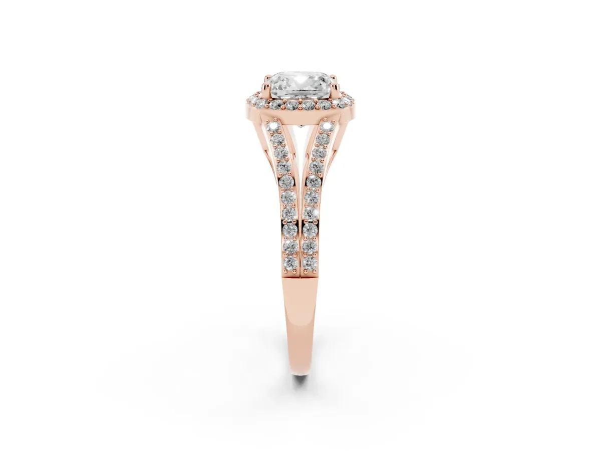 Cushion Cut Halo Split Shank Pave Diamond Ring with Four-Prong Setting Rose gold