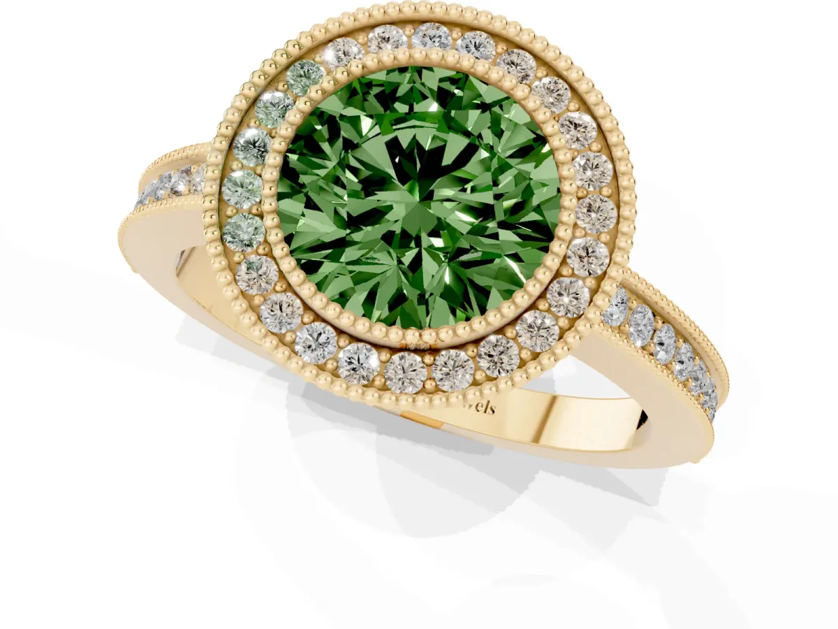 Fancy Green Round Cut Cut Halo Diamond Ring with Pavé Band and Milgrain Prong Setting Yellow gold