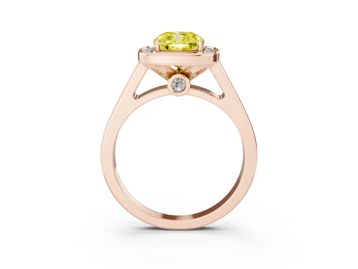 Fancy Yellow Cushion Cut Halo Solitaire Diamond Ring with Pave Band and Bezel Setting Rose gold
