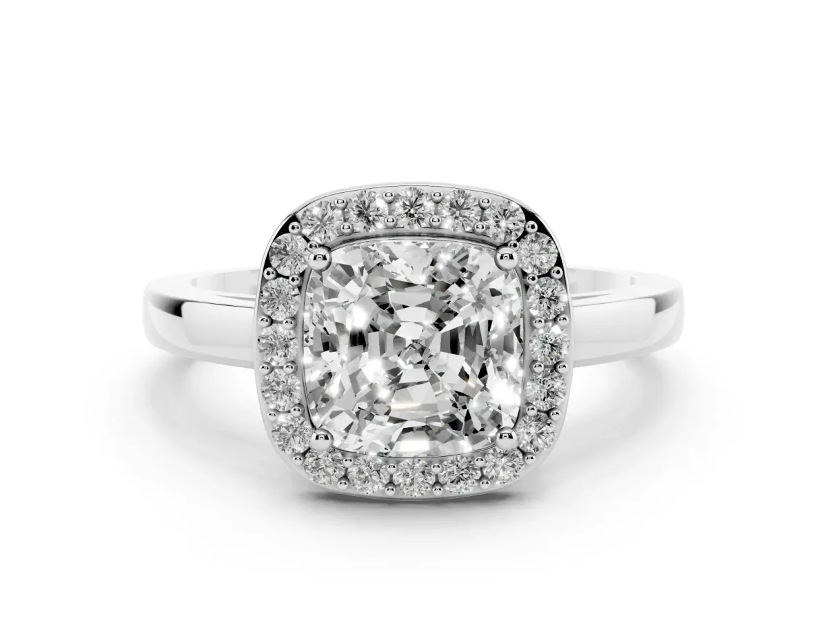 Cushion Cut Halo Diamond Ring with Solitaire Band and Prong Setting Silver