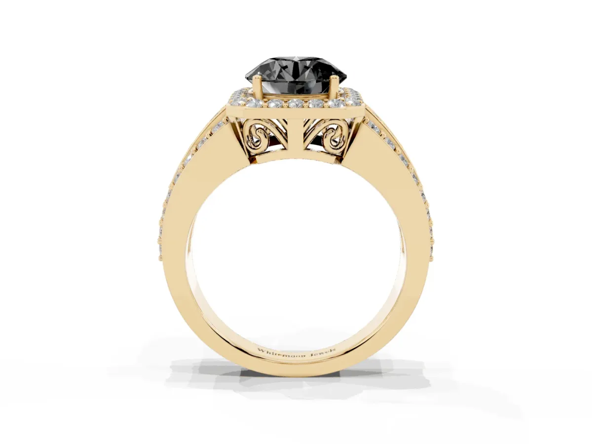 Fancy Black Round Cut Halo Diamond Ring with Round Split Shank and Prong Setting Yellow gold