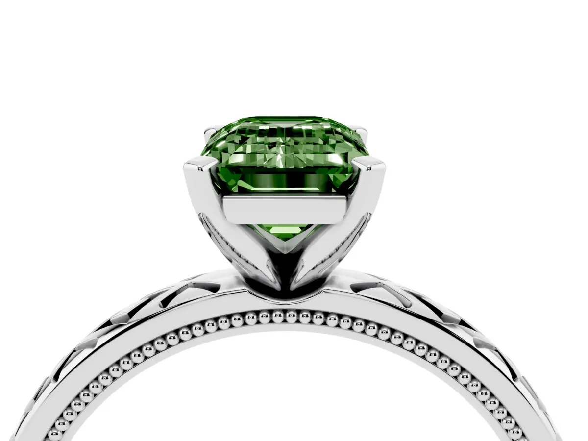Fancy Green Emerald Cut Solitaire Diamond Ring with Milgrain and Black Enamel X Pattern Band Silver