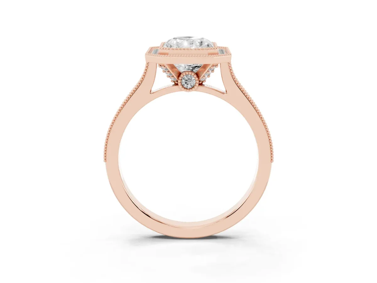 Halo Radiant Cut-Cut Diamond Pave Band Milgrain Prong Setting Ring Rose gold