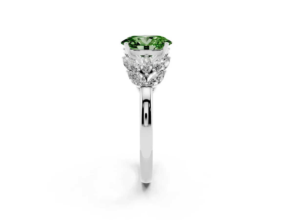 Fancy Green Oval Cut Diamond Cluster Leaf Design Ring with Prong Setting Platinum