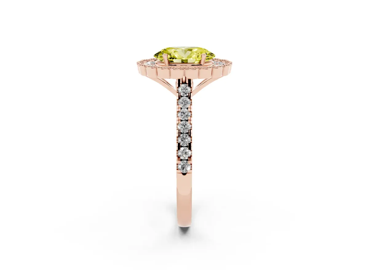 Fancy Yellow Oval Cut Cut Diamond Milgrain Floral Halo Engagement Ring with Pavé Band Rose gold