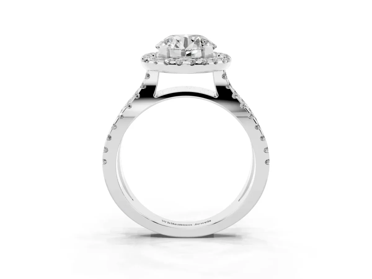 Round Cut Diamond Halo Ring with Split Shank Pavé Band and Prong Setting Platinum