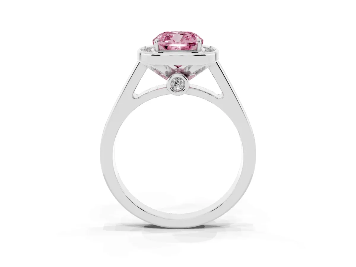 Fancy Pink Cushion Cut Halo Solitaire Diamond Ring with Pave Band and Bezel Setting Platinum