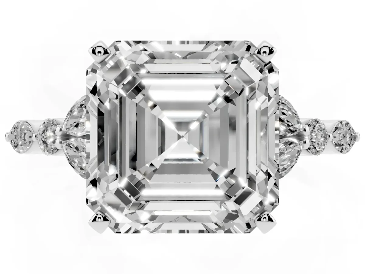 Asscher Cut Diamond Solitaire Ring with Side Stones and Four-Prong Setting White gold